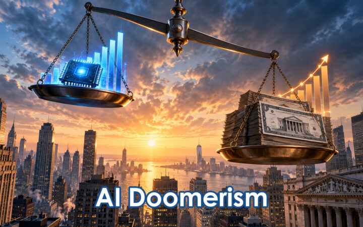 Symbolic scales balance a glowing AI chip and rising charts against a stack of money over a city skyline at sunset, caption reads 'AI Doomerism'.