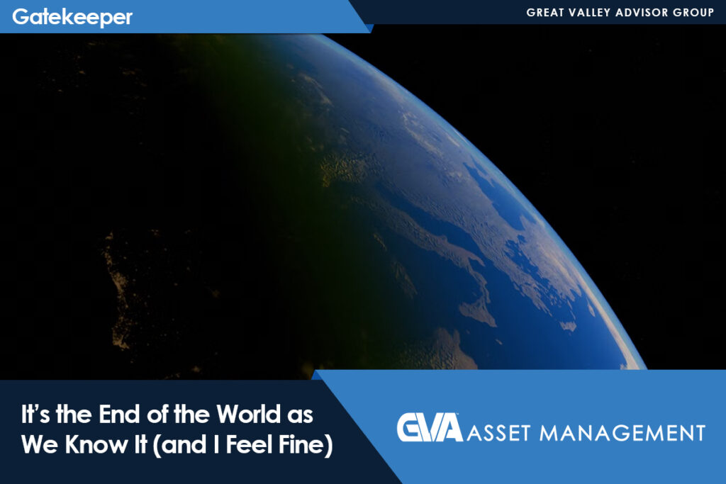 Space view of Earth with dark backdrop and blue promotional banners, featuring the headline “It’s the End of the World as We Know It (and I Feel Fine)”.