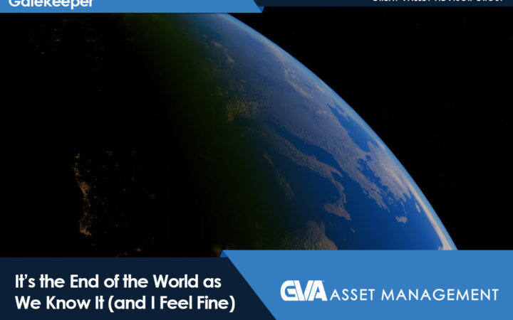 Space view of Earth with dark backdrop and blue promotional banners, featuring the headline “It’s the End of the World as We Know It (and I Feel Fine)”.