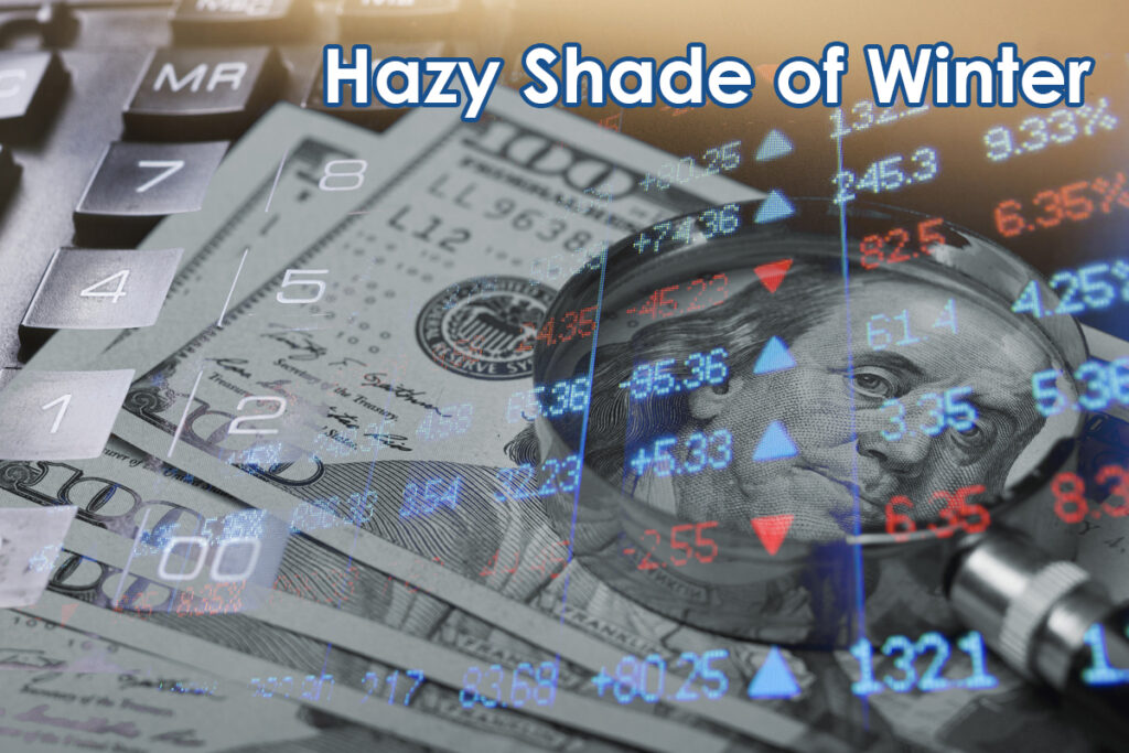 Cover image with the title Hazy Shade of Winter overlaid on dollar bills, stock numbers, and a magnifying glass (financial theme).