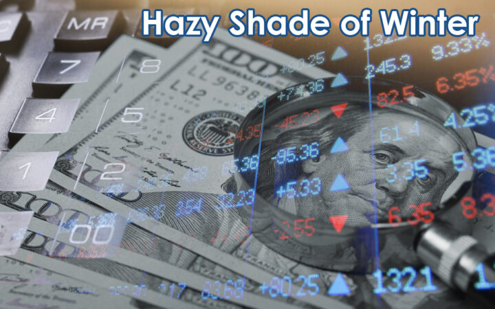 Cover image with the title Hazy Shade of Winter overlaid on dollar bills, stock numbers, and a magnifying glass (financial theme).
