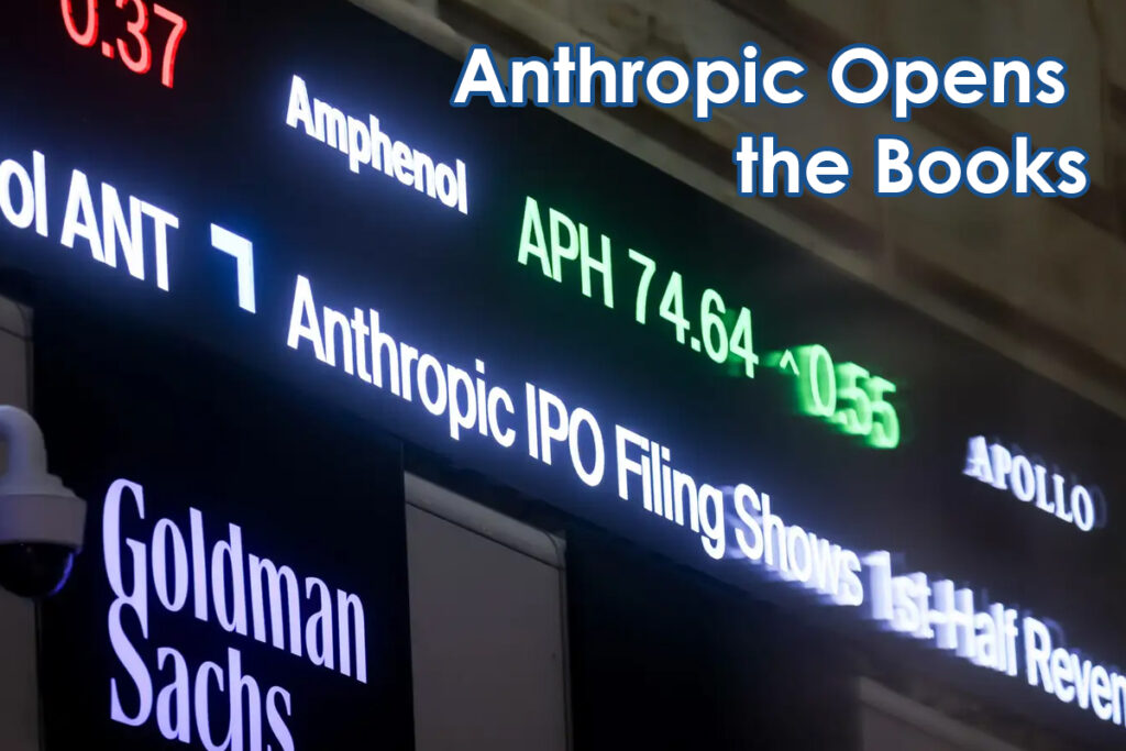 Stock ticker board showing the headline 'Anthropic Opens the Books' with company names like Goldman Sachs and Apollo nearby.I think the exact phrasing should be: 'Stock ticker board showing the headline Anthropic Opens the Books with company names and stock data nearby'