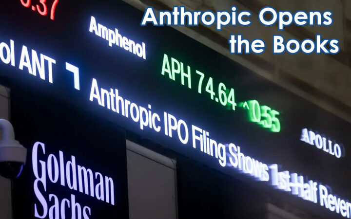 Stock ticker board showing the headline 'Anthropic Opens the Books' with company names like Goldman Sachs and Apollo nearby.I think the exact phrasing should be: 'Stock ticker board showing the headline Anthropic Opens the Books with company names and stock data nearby'